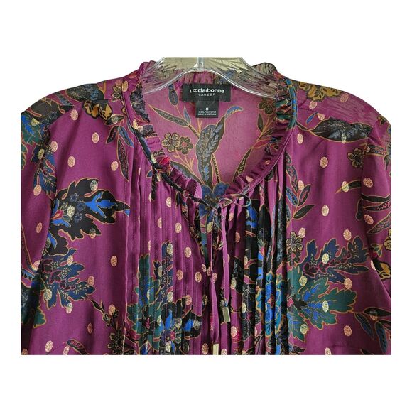 LIZ CLAIBORNE Career M Blouse Purple Gold Pintuck Pleats Semi Sheer w/ Camisole - Picture 2 of 4
